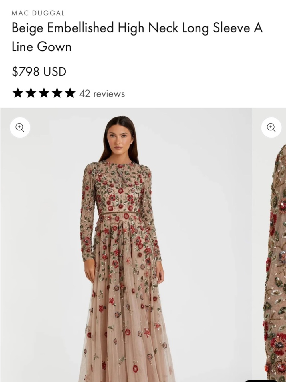 Mac Duggal Beige Long Sleeve Embroidered Floral A-Line Gown